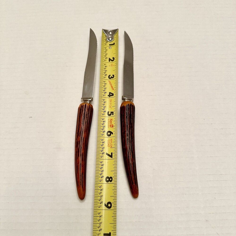 2 Vtg Steak Knives Faux Stag Antler Horn Handle Lifetime Cutlery Stainless Steel - Picture 3 of 7